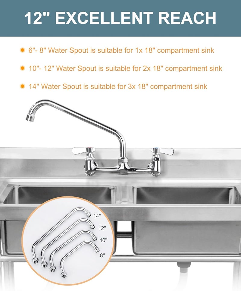 IVIGA G3/4 Internal Thread Commercial Faucet Swivel Spout Replacement: 12“ Add-on Swing Nozzle Spout - Chrome Polished Spout Replacement Part For Commercial Kitchen Sink Faucet - 1.8gpm/ 2.2gpm Aerator - Image 4